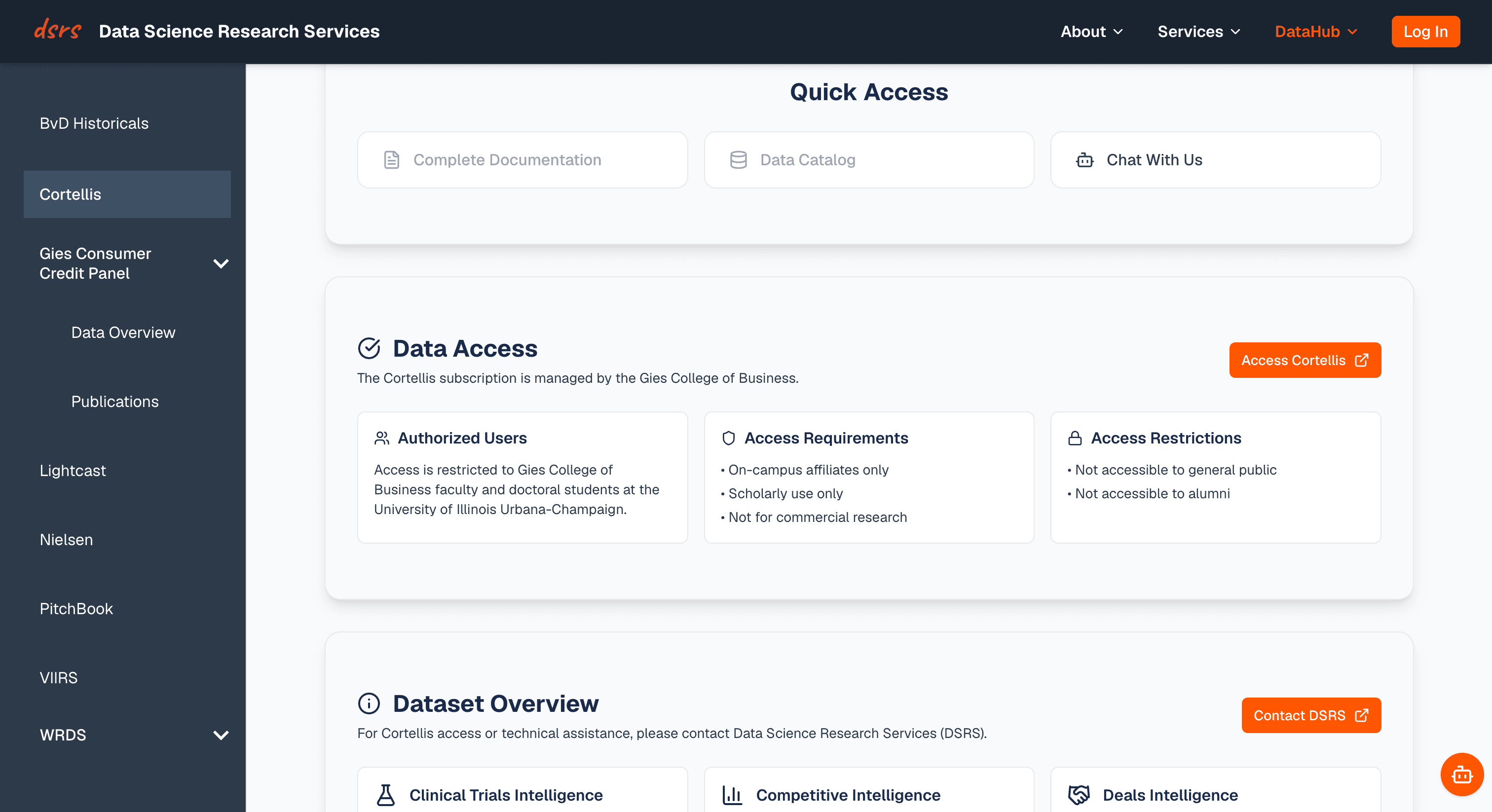 Data catalog interface with searchable dataset cards and consistent metadata.