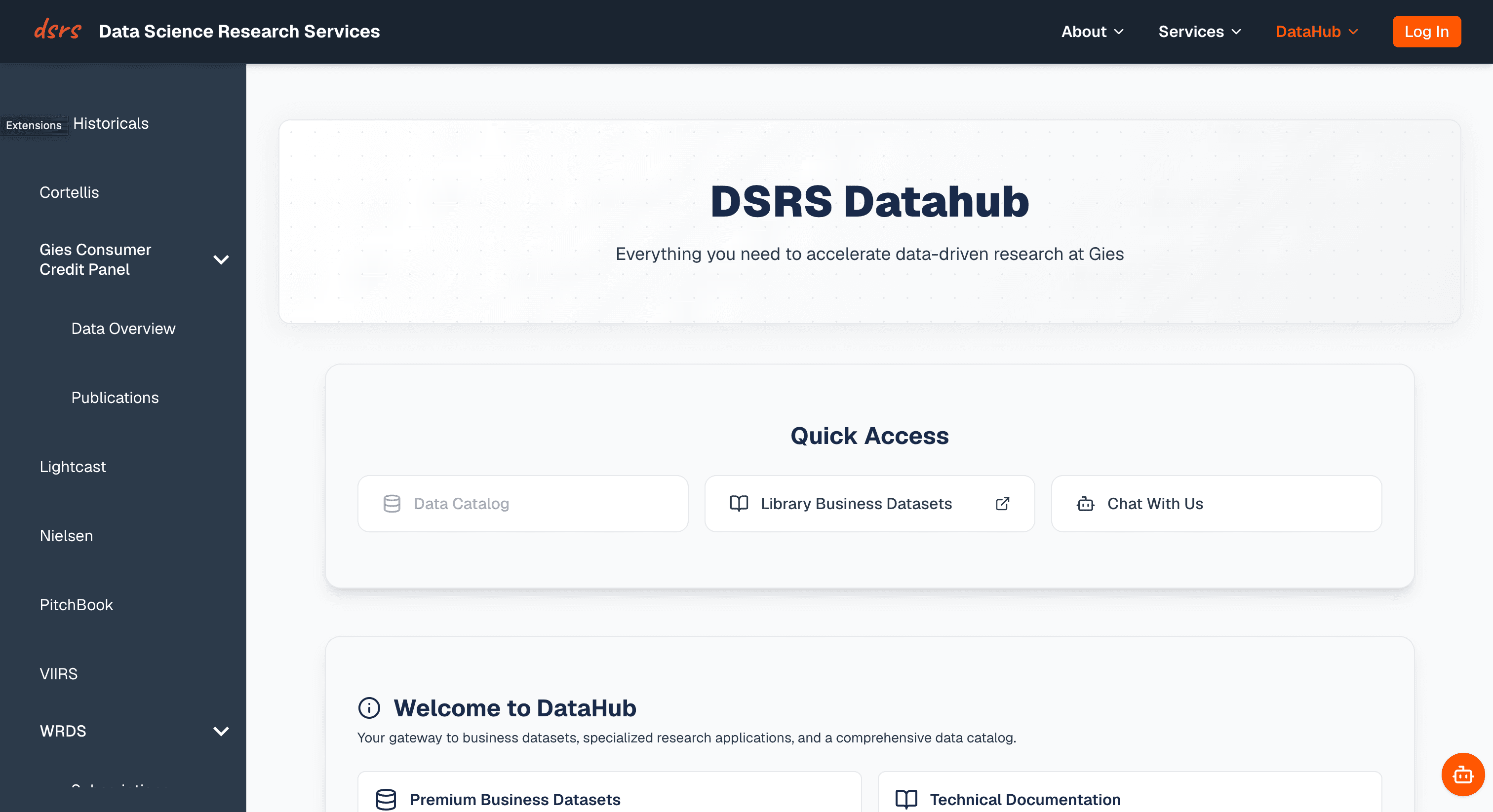 DSRS DataHub homepage after the design system, with a navy header, clear hero, and orange actions.